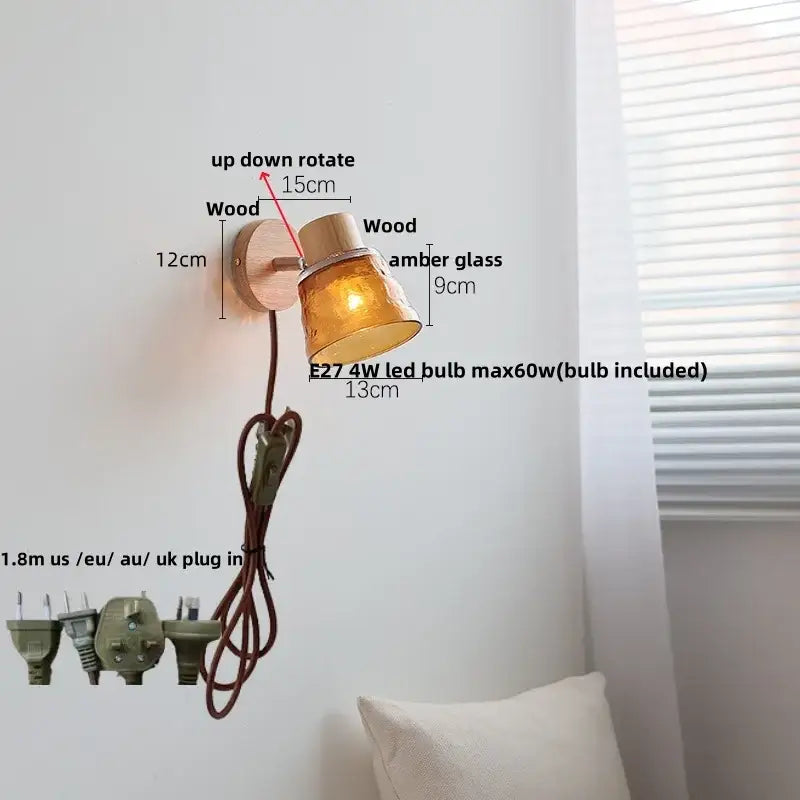 Modern wood and amber glass led wall sconce with warm decorbites amber glass and adjustable natural wood base for bedroom lighting