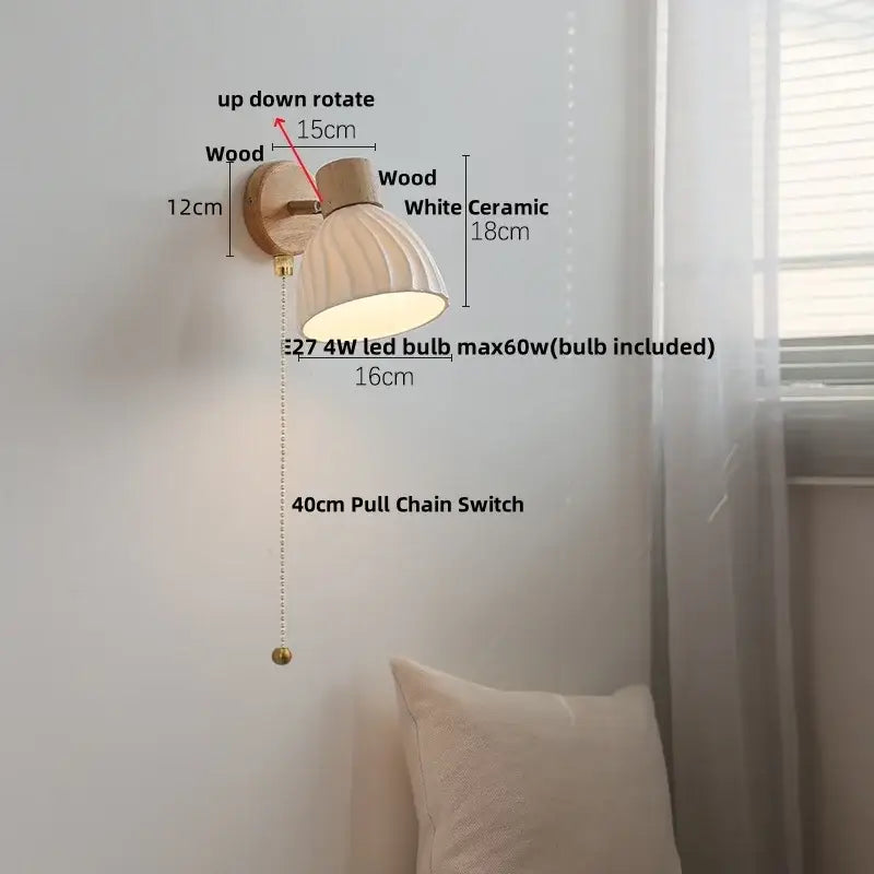 Modern wood and amber glass led wall sconce with warm-toned ceramic shade and adjustable pull chain switch decorbites amber glass