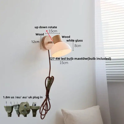 Modern wood and amber glass led wall sconce with natural wood base and adjustable white glass decorbites amber glass shade