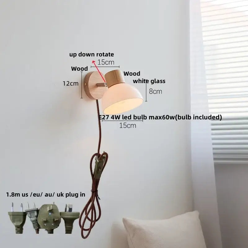 Modern wood and amber glass led wall sconce with natural wood base and adjustable white glass decorbites amber glass shade
