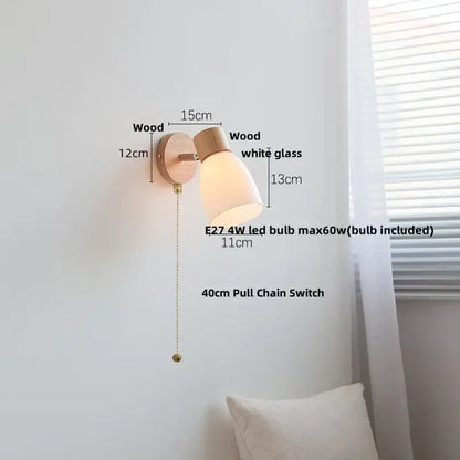 Minimalist wall sconce with light wood finish and white decorbites amber glass shade featuring e27 led bulb
