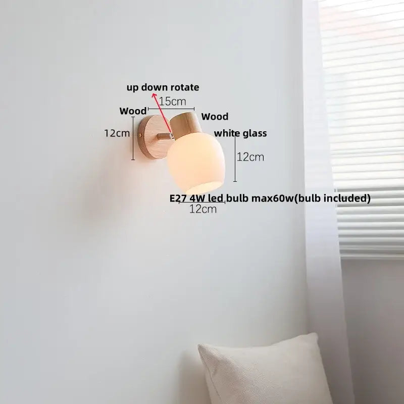 Minimalist wall sconce with natural wood base and frosted amber glass led shade for modern bedroom decorbites amber glass lighting