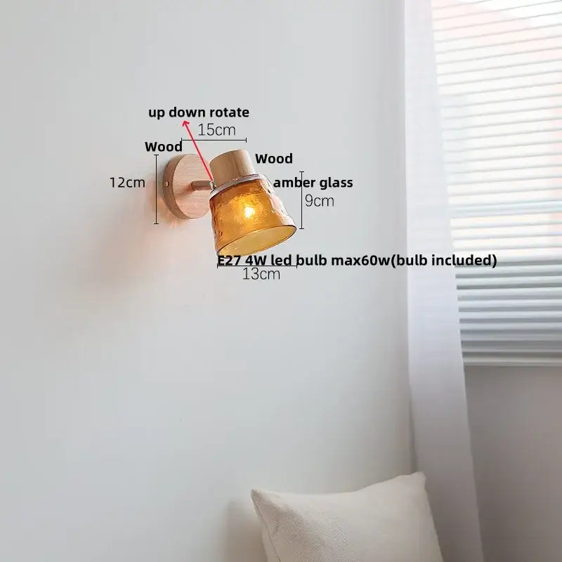Modern wood and amber glass led wall sconce with warm amber glass and natural wood base for bedroom decorbites amber glass