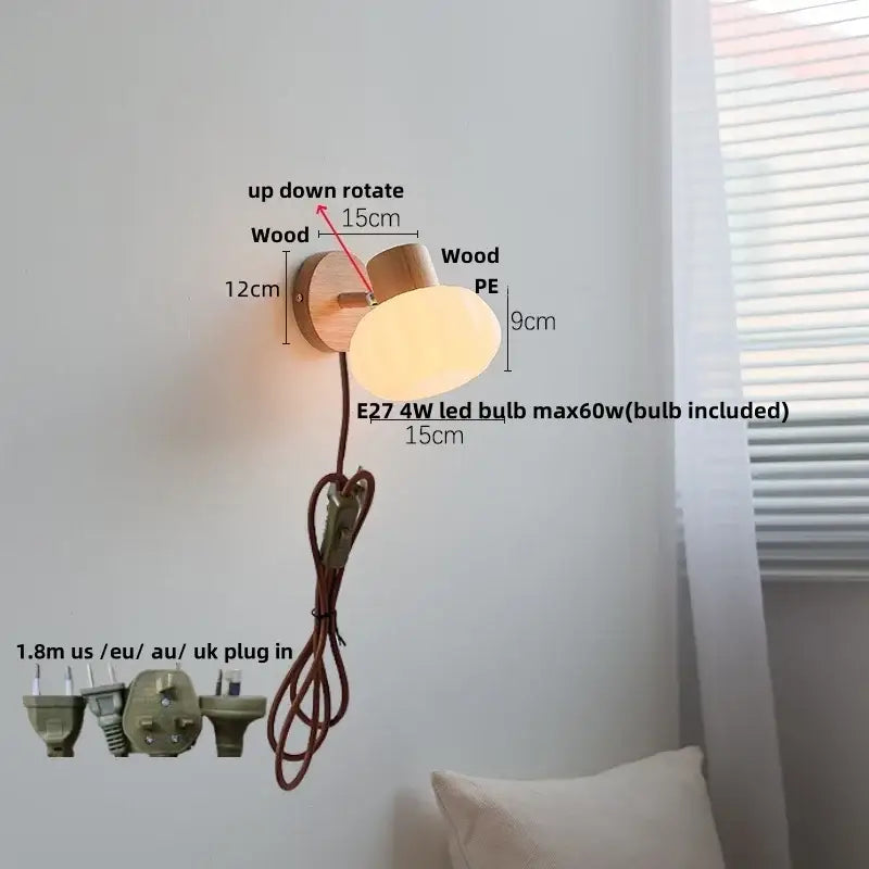 Modern wood and amber glass led wall sconce with natural wood base and beige lampshade for bedroom decorbites amber glass lighting