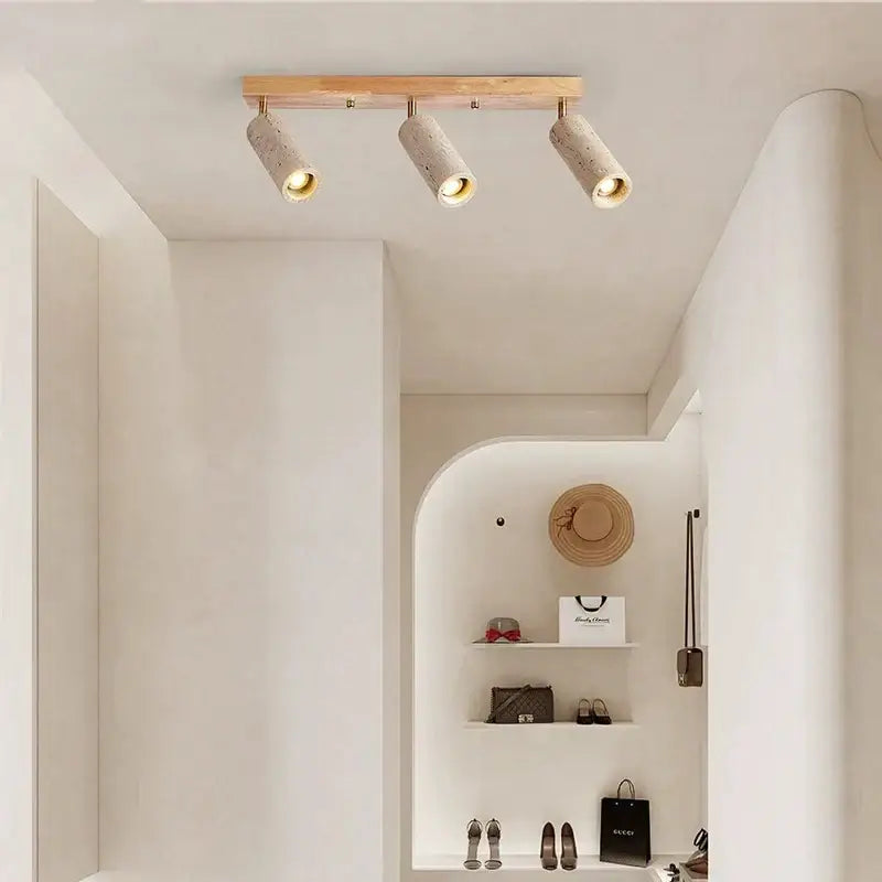 Modern wood and beige concrete led ceiling spotlight with three cylindrical shades surface mounted led fixture