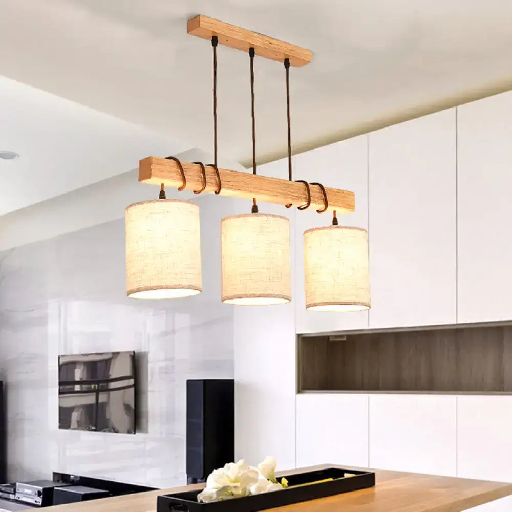 Modern wood and beige fabric rectangular bar pendant island lighting fixture with three drum shades for dining rooms 220v-240v 110v-120v