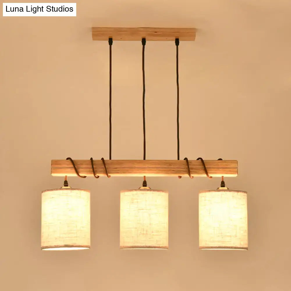 Modern wood and beige fabric island lighting fixture with warm-toned wooden pendant and linen shades for dining room 220v-240v