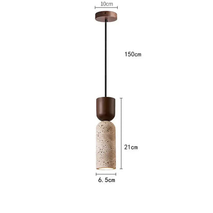 Modern pendant light with dark wood top cap black cable and beige textured stone shade for cord pendant installation