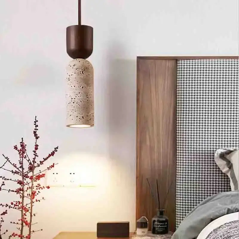 Modern pendant light with dark brown wood top and speckled beige stone pendant light for cord pendant installation