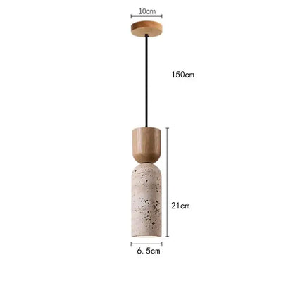 Modern wood and beige stone pendant light with natural wood mount black cable and two stacked cylindrical shades for kitchen decor