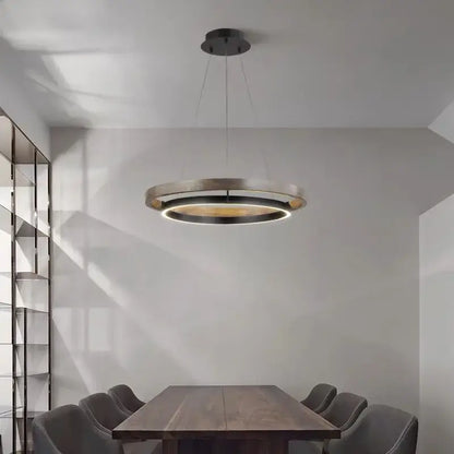 Modern wood and black double circular led chandelier with brushed metallic double ring pendant light for dining room