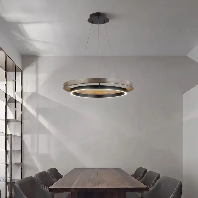 Modern wood and black double circular led chandelier featuring a brushed metallic pendant light with illuminated inner ring