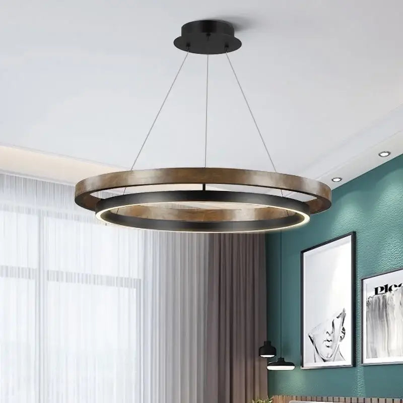 Modern wood and black double circular led chandelier with matte black and brushed brass double circular pendant light