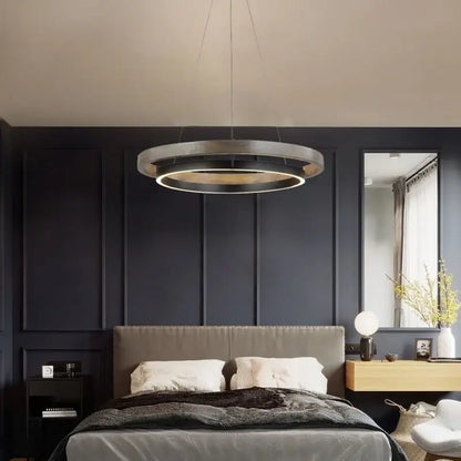 Modern wood and black double circular led chandelier with a sleek metallic finish and illuminated inner ring for dining room