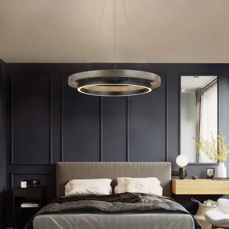 Modern wood and black double circular led chandelier with a sleek metallic finish and illuminated inner ring for dining room