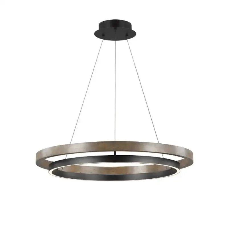 Modern wood and black double circular led pendant light with matte black and brushed steel finish for dining room use