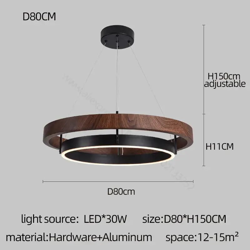Modern wood and black double circular led chandelier with dark wood ring and warm led lighting for dining room use