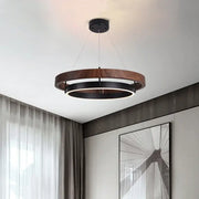Modern wood and black double circular led pendant light with dark wood ring and black metal frame for dining room