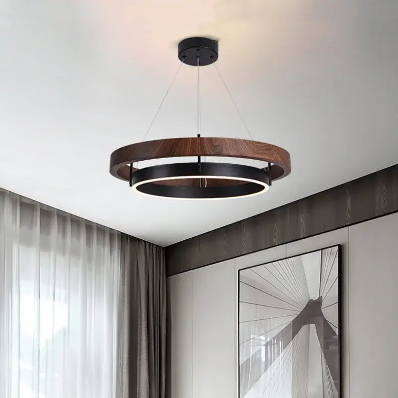 Modern wood and black double circular led pendant light with dark wood ring and black metal frame for dining room