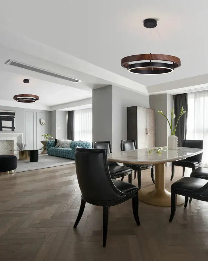 Modern wood and black double circular led pendant light with dark wood ring and black inner band for dining room