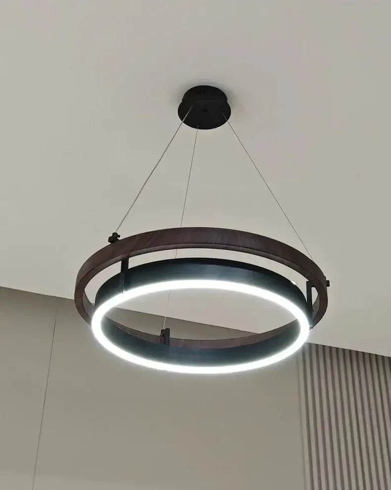 Modern wood and black double circular led pendant light with warm wood frame and bright white led for dining room