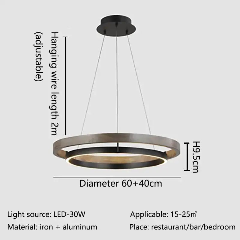 Modern wood and black double circular led chandelier pendant light in iron and aluminum for dining room lighting
