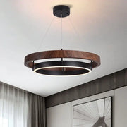 Modern wood and black double circular led chandelier with dark wood ring and illuminated led band for dining room