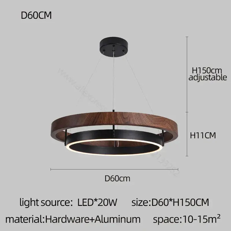 Modern wood and black double circular led chandelier with dark wood ring and warm LED lighting for dining room