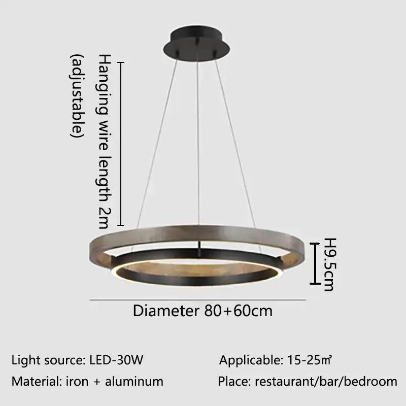 Modern wood and black double circular led chandelier pendant light with sleek iron and aluminum finish for dining room