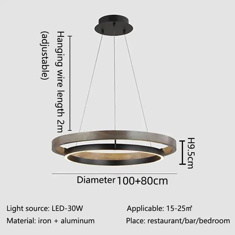 Modern wood and black double circular led chandelier pendant light with sleek iron and aluminum finish for dining room