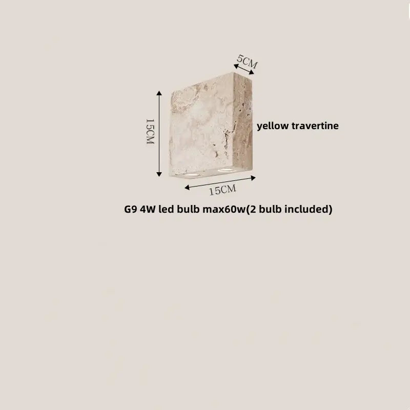 Modern wood and black iron wall light fixture with a rectangular yellow travertine sconce and two embedded g9 led bulbs