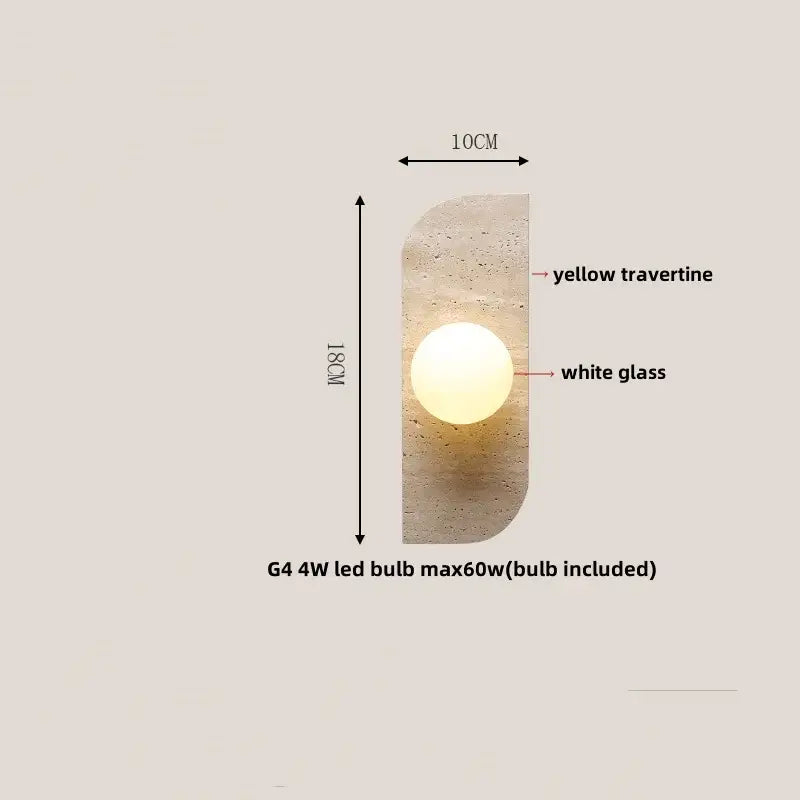 Modern wood and black iron wall light fixture with a warm white glass sphere and yellow travertine backplate for bedroom use
