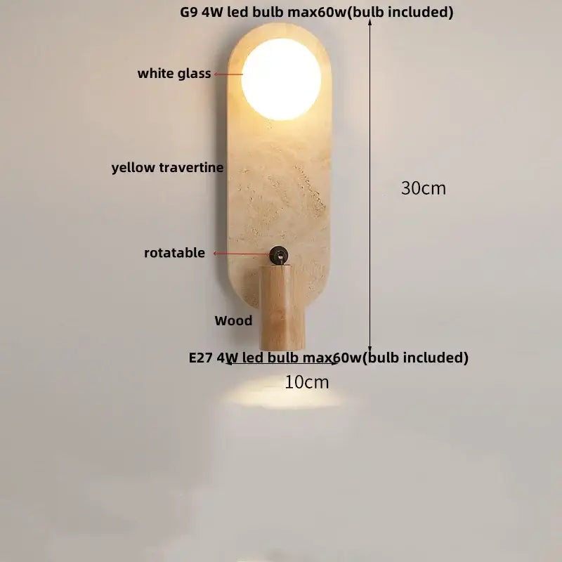 Modern wood and black iron wall light fixture with yellow travertine panel white glass bulb and wooden base for bedroom