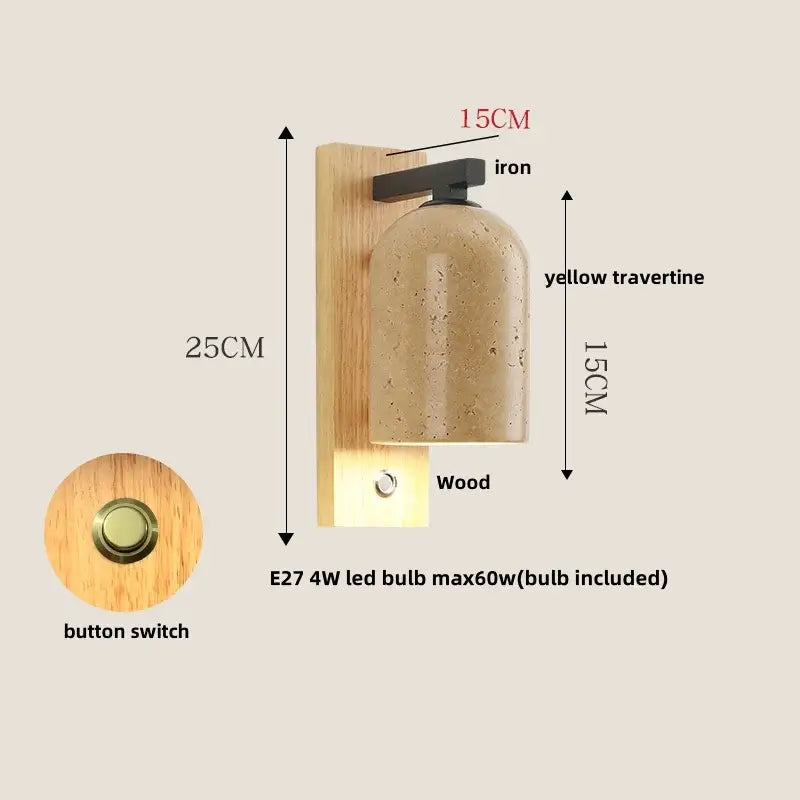 Modern wood and black iron wall light fixture with warm yellow travertine glass shade and natural wood base for bedroom