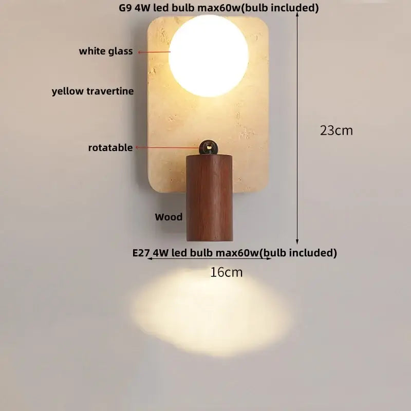 Modern wood and black iron wall light fixture with yellow travertine backplate and dual led bulbs for bedroom sconce