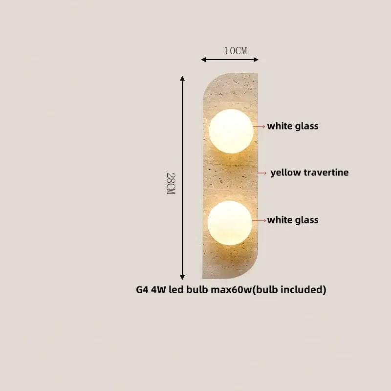 Modern wood and black iron wall light fixture with two glowing white glass spheres on textured yellow travertine panel