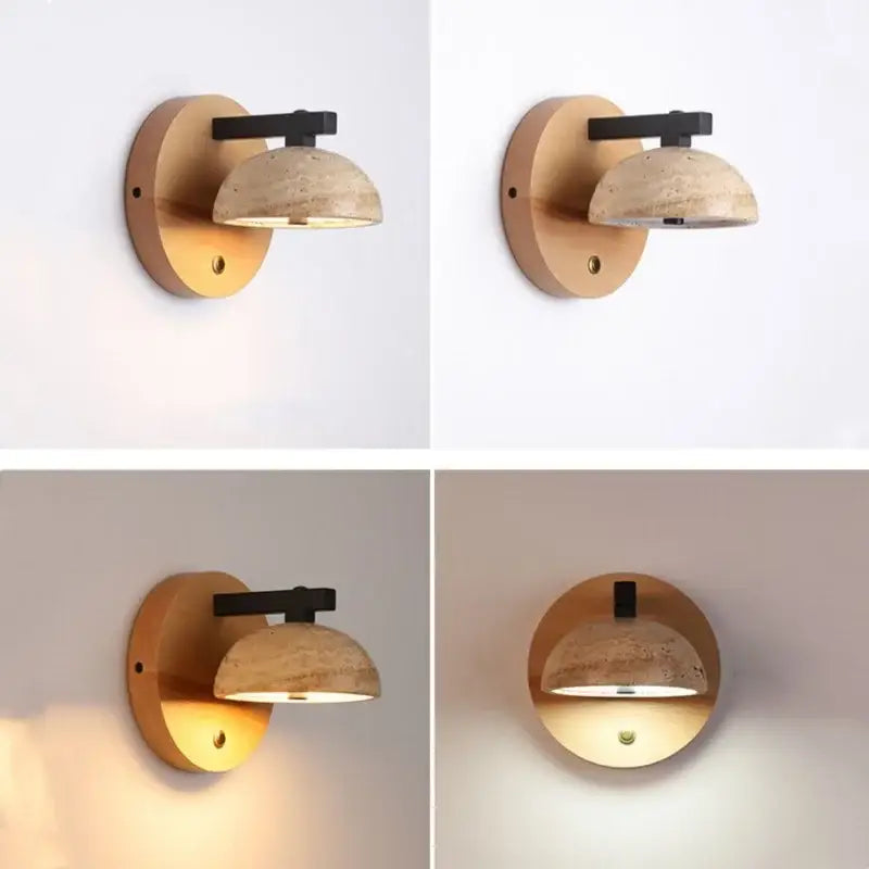Modern wall light fixture with natural wood base, black iron arm, and adjustable stone dome shade for bedroom use