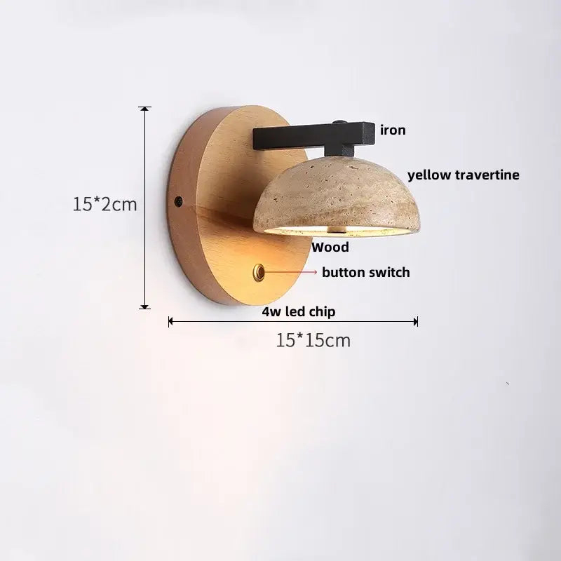 Modern wood and black iron wall light fixture with warm yellow travertine dome and wooden backplate for bedroom use