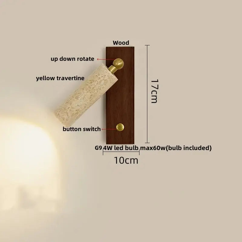 Modern wall light fixture with dark wood base, yellow travertine shade, and brass accents for bedroom use