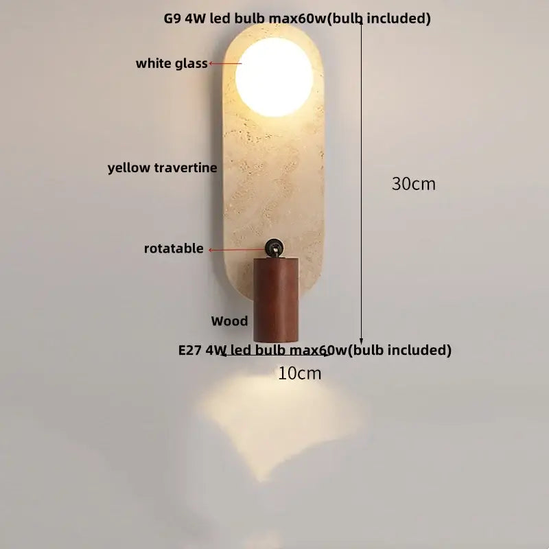 Modern yellow travertine wall light fixture with white glass lens and wooden base for bedroom wall lighting