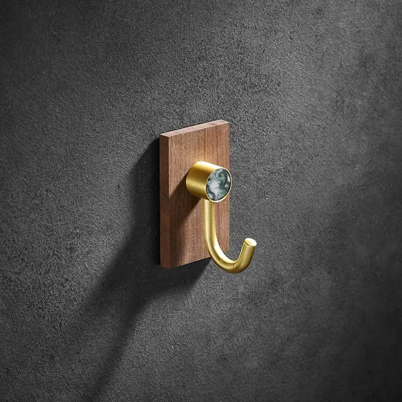Modern wood and brushed gold wall hook with polished brass brushed finish and green marble inlay for kitchen decorbites