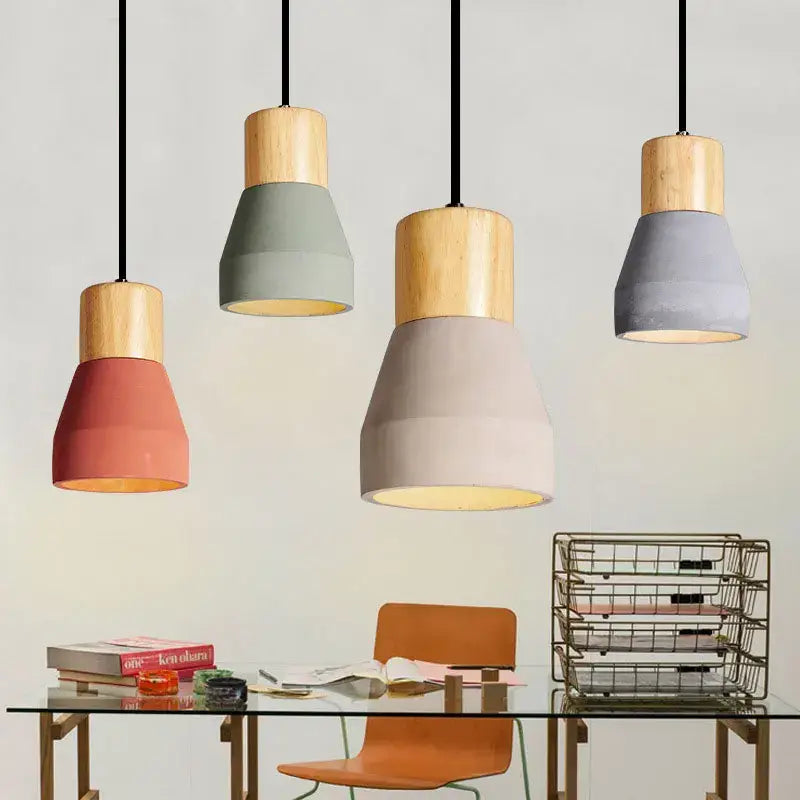 Modern wood and concrete pendant light with wooden tops and muted earth tone concrete shades for kitchen decorbites concrete pendant