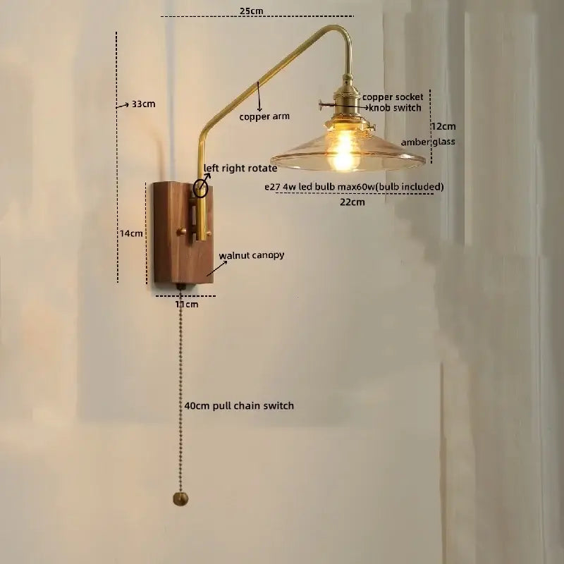 Modern wood and copper led wall sconce with amber glass shade brass copper arm and walnut canopy for bedroom or stairs