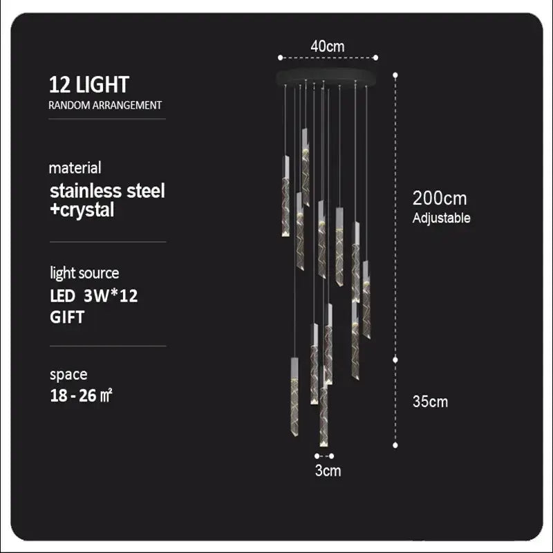 Modern wood and crystal column led chandelier with 12 lights stainless steel design adjustable height decorbites crystal column