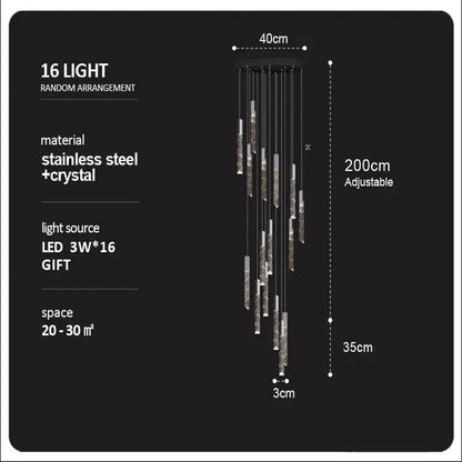 Modern wood and crystal column led chandelier with 16-light stainless steel design adjustable to 200cm decorbites crystal column