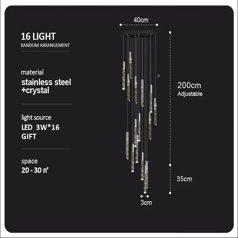 Modern wood and crystal column led chandelier with 16-light stainless steel design adjustable to 200cm decorbites crystal column