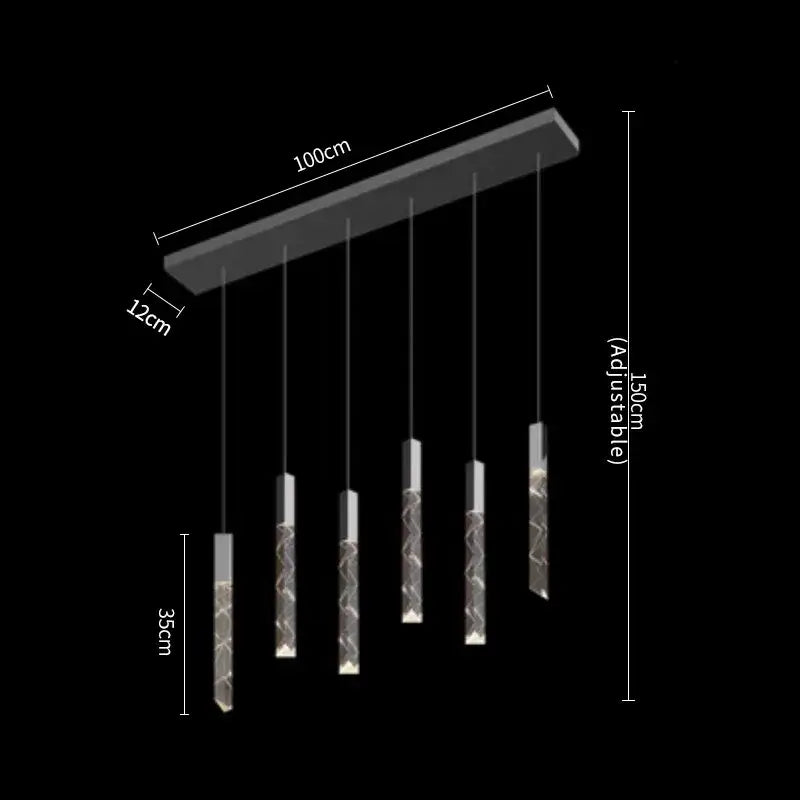 Modern wood and crystal column led chandelier staircase light with a black bar and translucent crystal column led cylinders