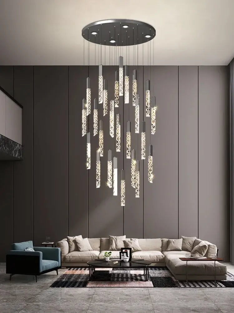 Modern wood and crystal column led chandelier with circular mount and etched glass rods glowing warmly for staircase decorbites crystal column