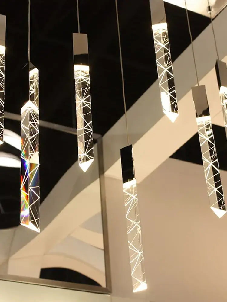 Modern wood and crystal column led chandelier staircase light with geometric crystal column led pendant lights