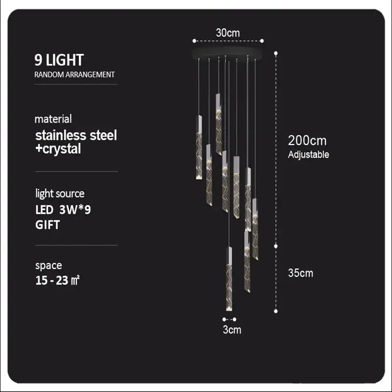 Modern wood and crystal column led chandelier with nine lights stainless steel design and adjustable height for versatile stair decorbites crystal column